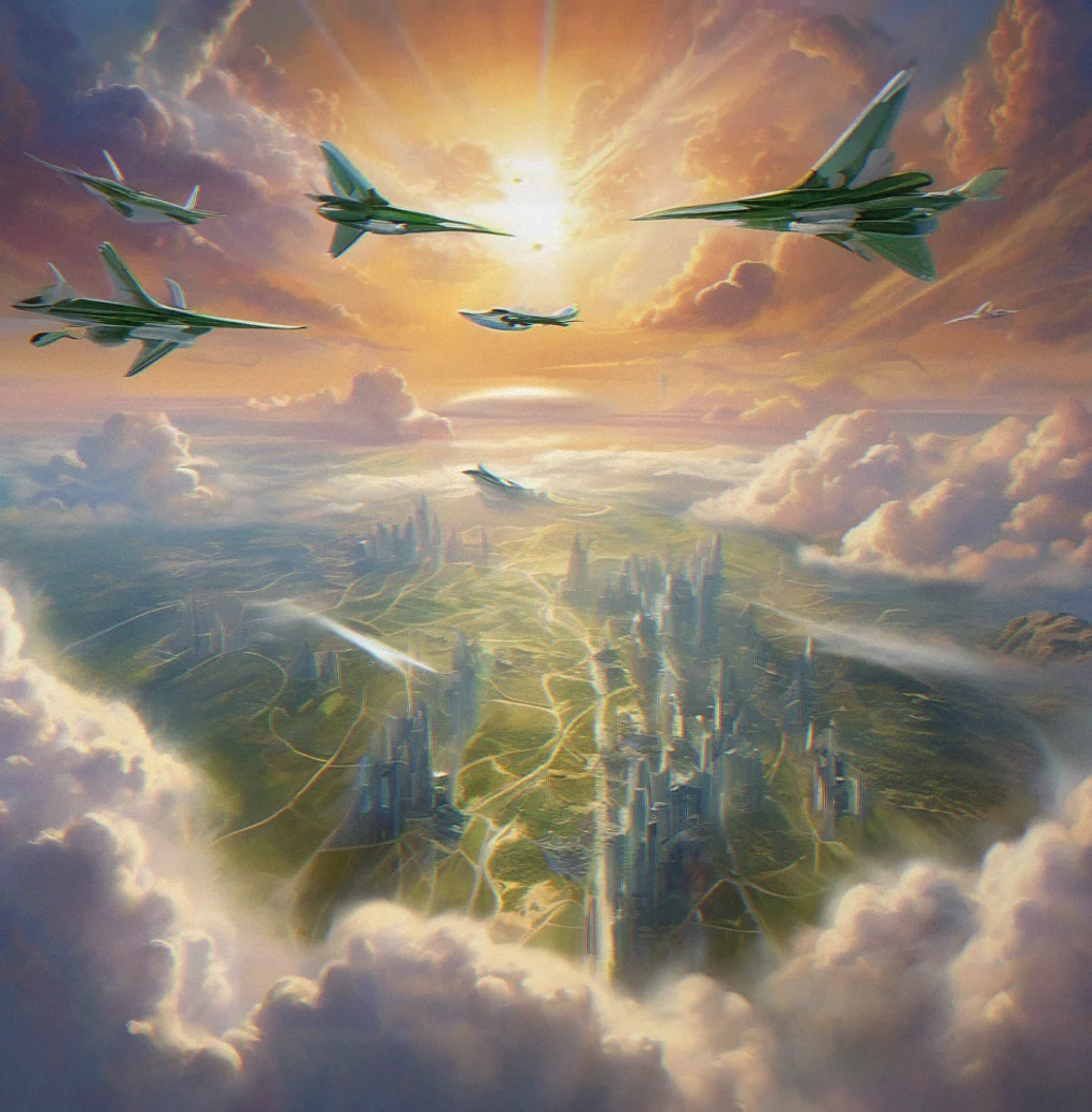Wide landscape view showing transition between three biomes—storm zone on left, crystalline city center, aurora field on right