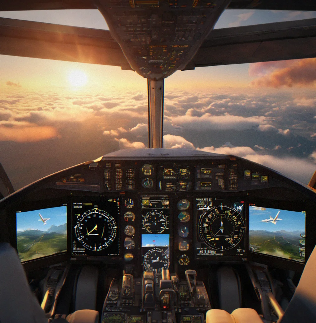First-person cockpit view showing airspeed indicator, altimeter and heading indicator during coordinated bank over mountain valley
