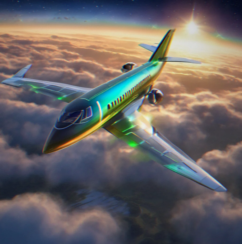 Peaceful nighttime flight through aurora fields with stars visible above and layered Particle effects below wing
