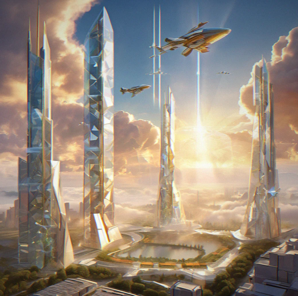 Crystalline city architecture rendered with geometric precision, light refracting through translucent tower structures