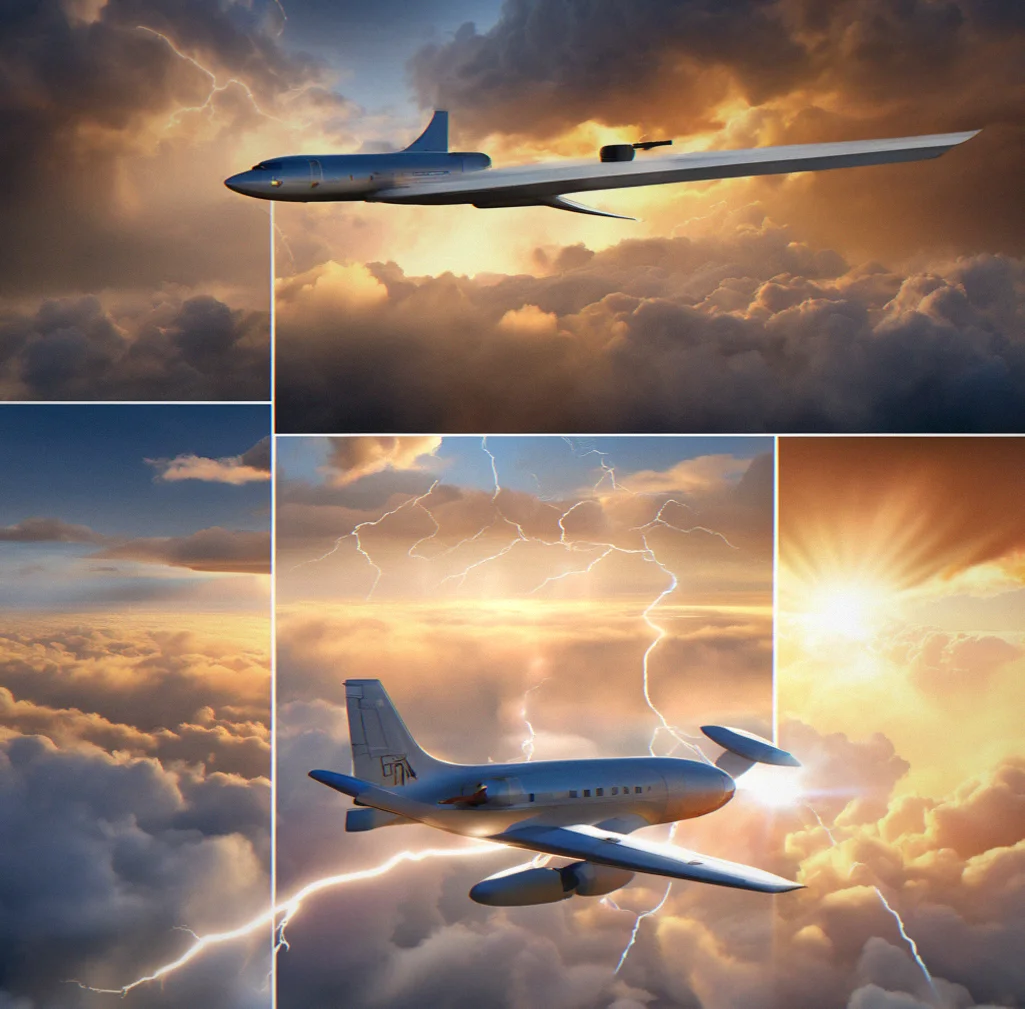 Storm zone with visible wind shear affecting aircraft trajectory, lightning visible in dense cloud layers ahead