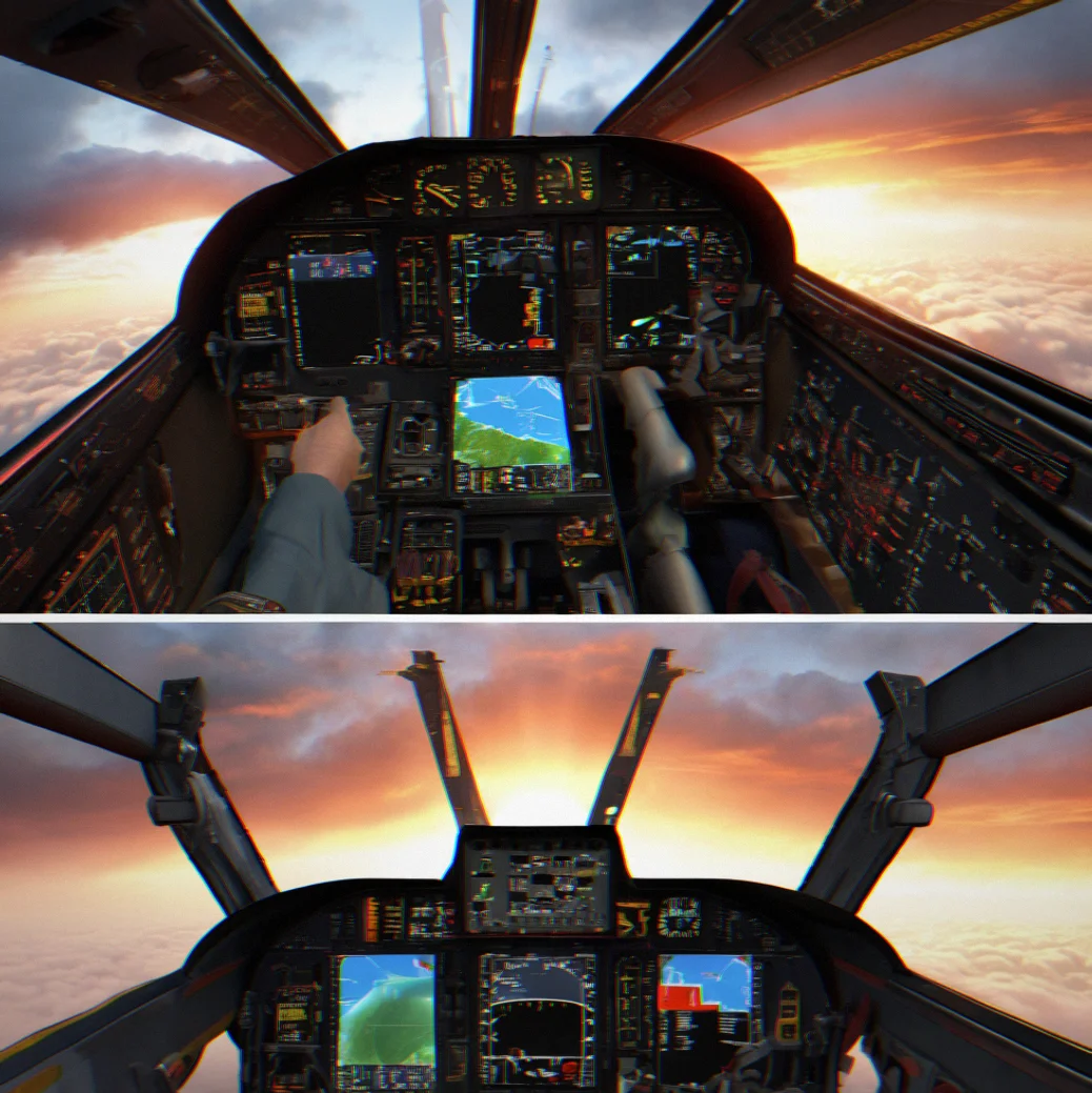 Cockpit view showing stall warning indicator actiive with airspeed in red zone during steep climb