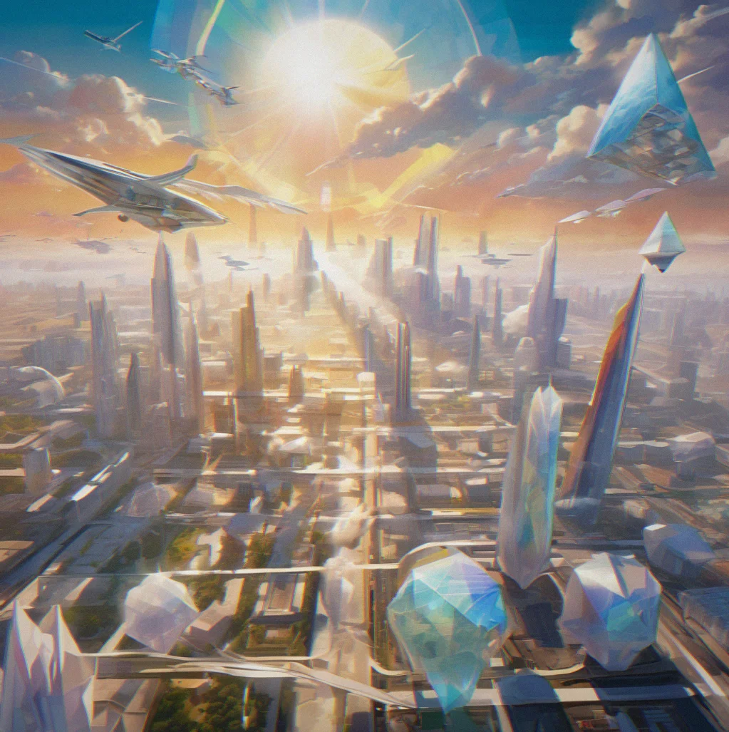 Crystalline city landscapd showing translucent geometric structures with light refraction creating colored shadow patterns