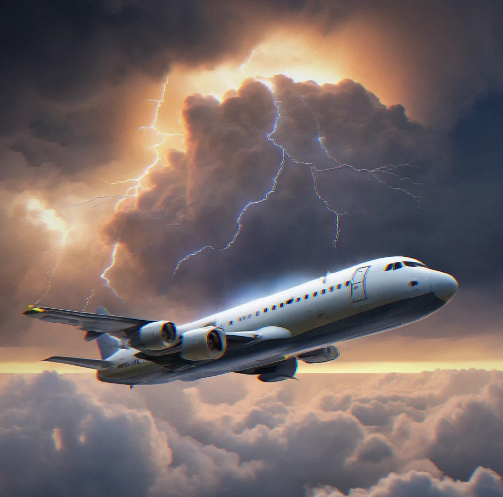 Storm cell with visible lightning bolts inside dense cloud layers, aircraft positioned to the side avoiding heaviest precipitation
