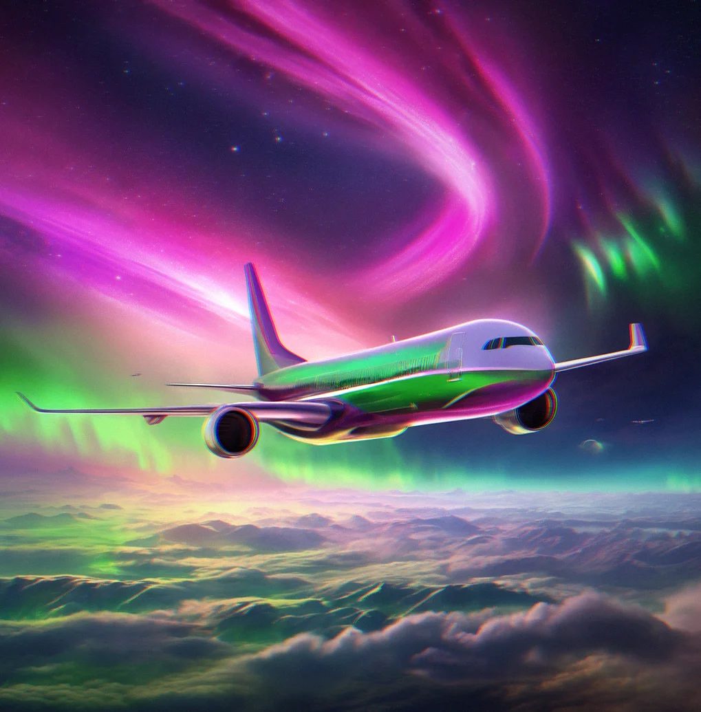 Aurora field at night with layered green and magenta particles surrounding aircraft, stars visible in background