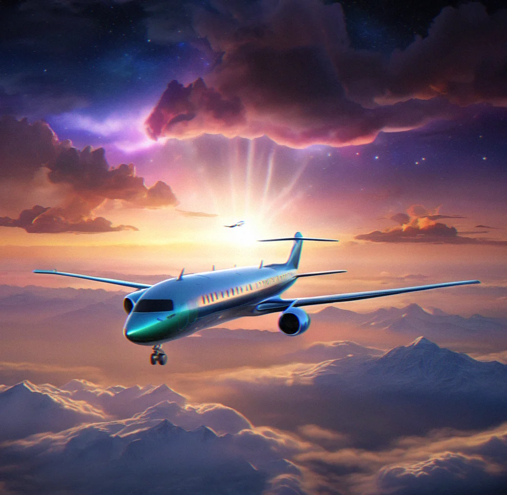 Peaceful night flight over dark landscape with aurora glow on horizon and aircraft flying level at cruising altitude