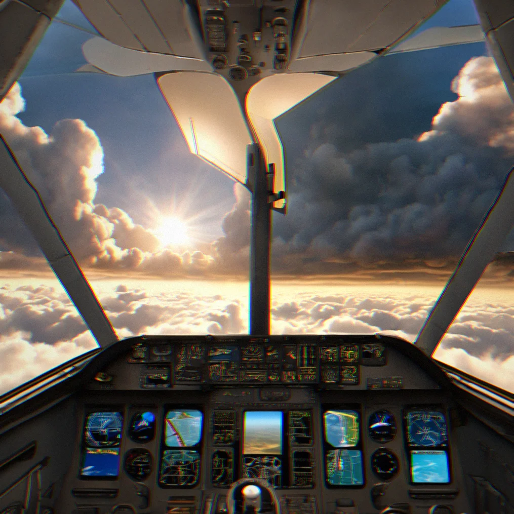 Interior cockpit perspective with storm clouds visible through the windscreen ahead