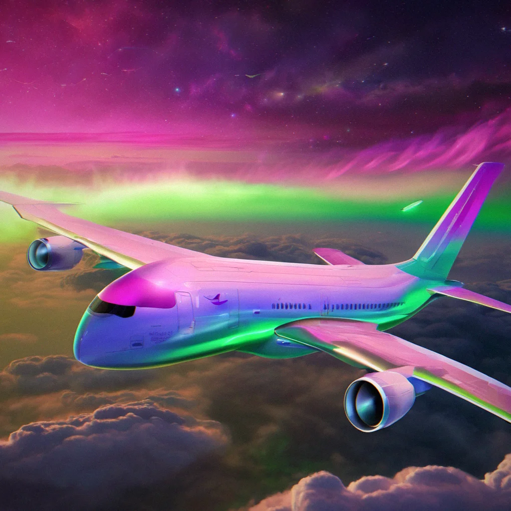 Aurora field biome at night with layered green and magenta particles reflecting off aircraft wing