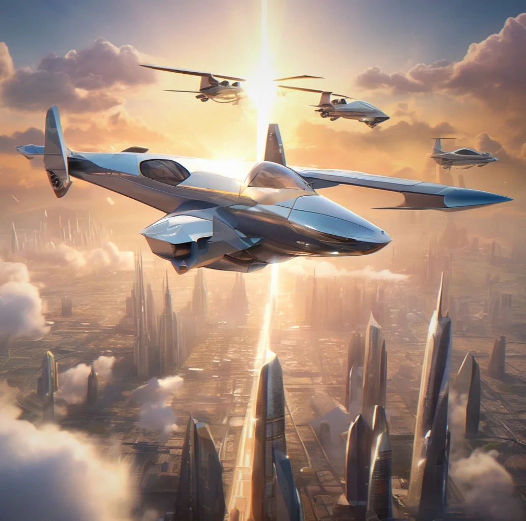 Small aircraft flying over a crystalline city with geometric towers reflecting light