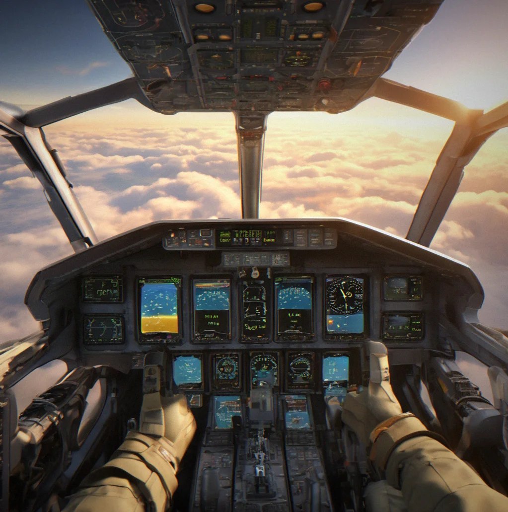 Cockpit dashboard showing airspeed indicator, altitude gauge and heading indicator during level flight over crystalline landscape