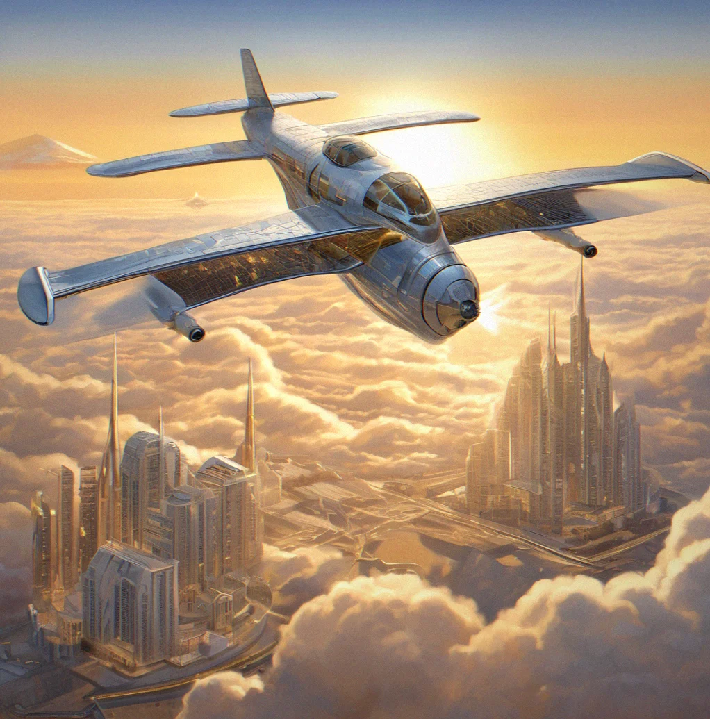 Descending toward a crystal city, its intricate architecture visible from altitude with the aircraft's shadow cast across the translucent structures
