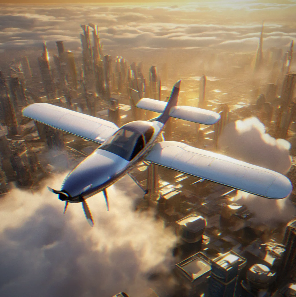 A small plane tilts to the left as it passes over a sprawling city of crystal towers catching golden light