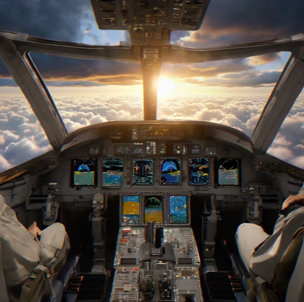 Looking out from the cockpit at the instrument panel with storm clouds rolling in on the horizon