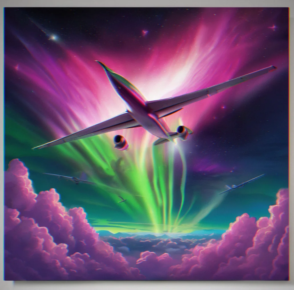 An aurora shimmering in green and magenta across the night sky while the plane flies straight through it