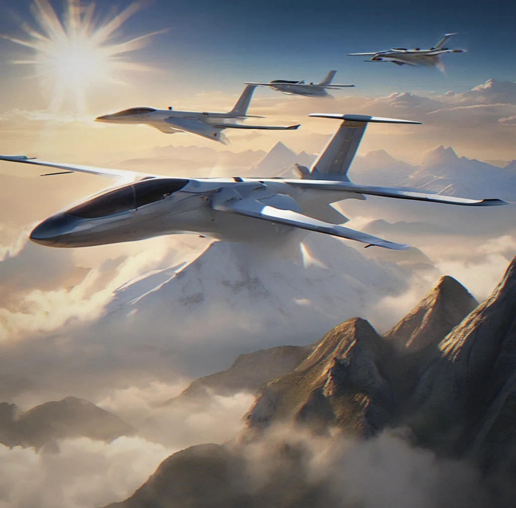 View from above showing the aircraft lined up over a delivery markdr in a valley between two mountains