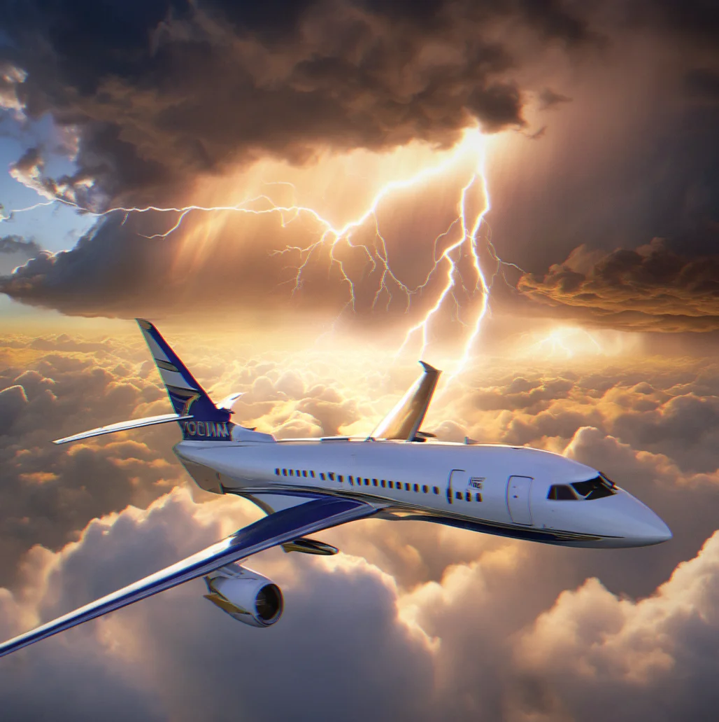 Lightning cutting through dense storm clouds while the plane climbs toward clearer skies