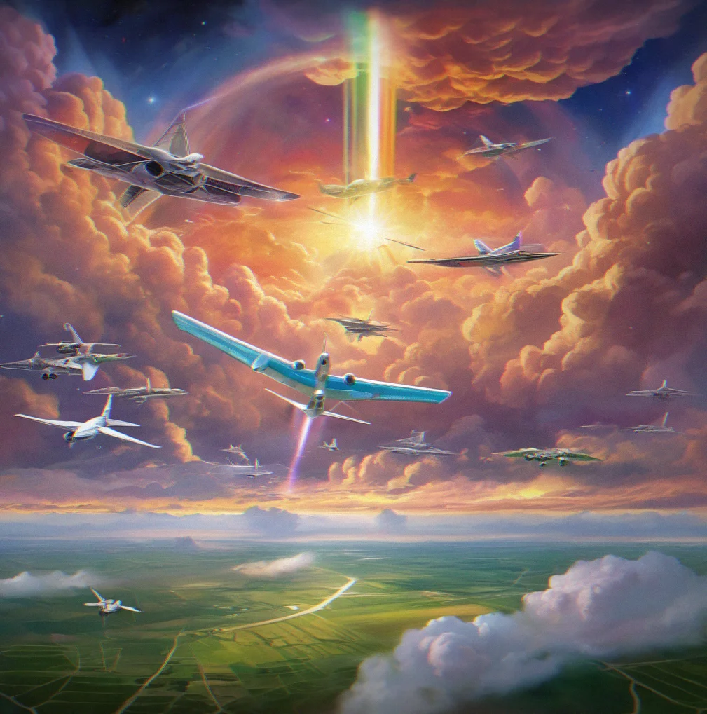 Sweeping view across multiple landscapes at once — crystal structures bleeding into aurora fields with storms brewing in the distance