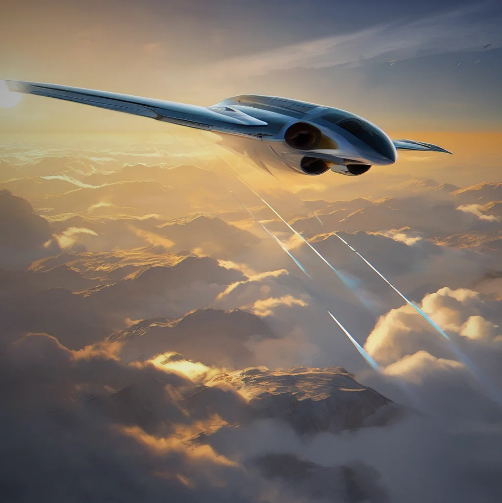 Wing of the aircraft catching light from the crystalline city below, its shadow sharp against the geometric shapes
