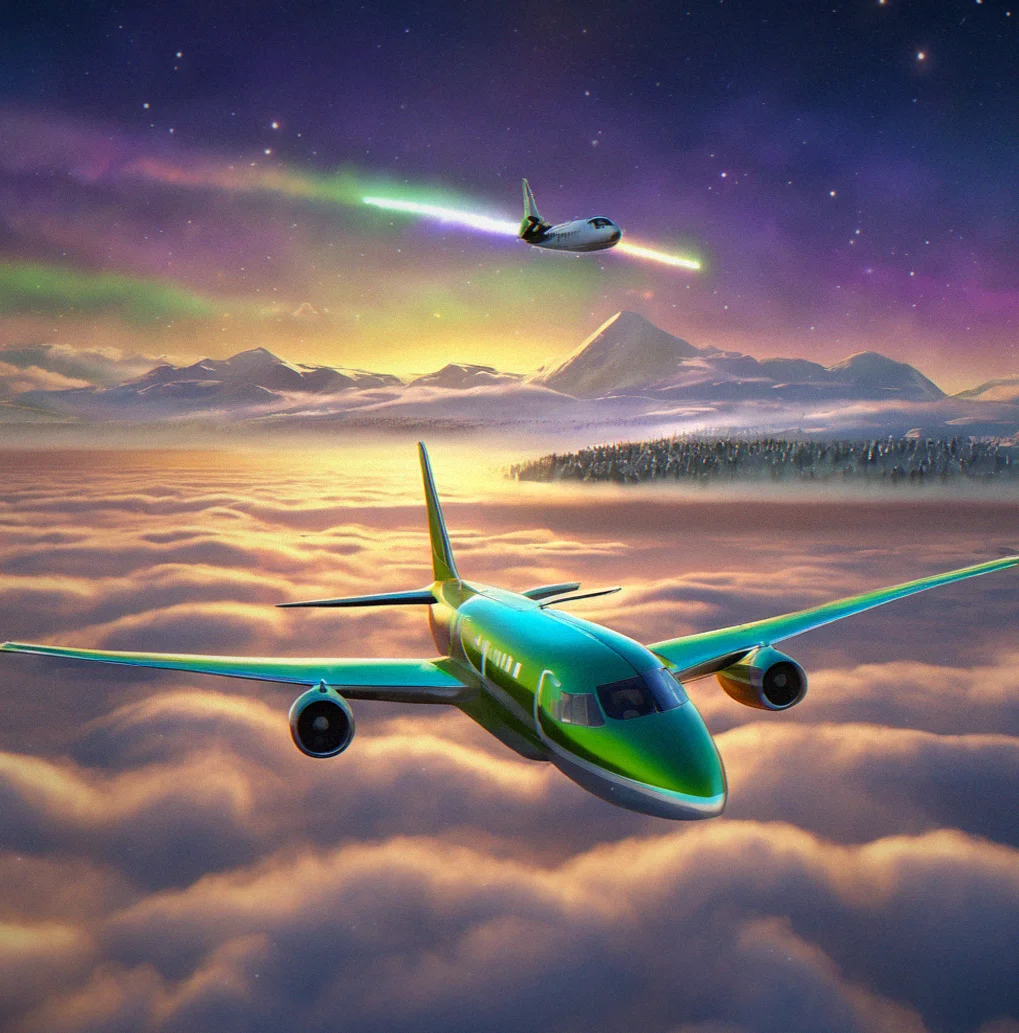 Flying over aurora fields at night, the particles reflecting off the fuselage and wings